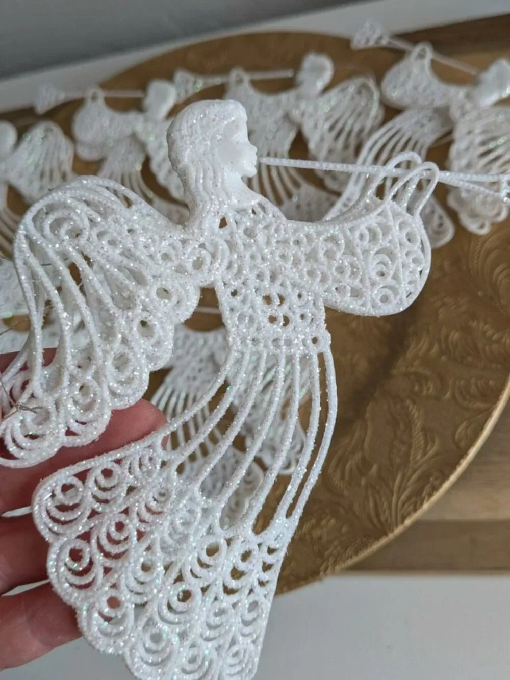 7 Vintage White Plastic Glitter Angels With Horn Xmas Ornaments